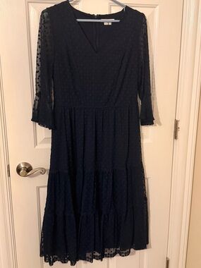 Boden Navy Sheer Dot Tiered Midi Dress